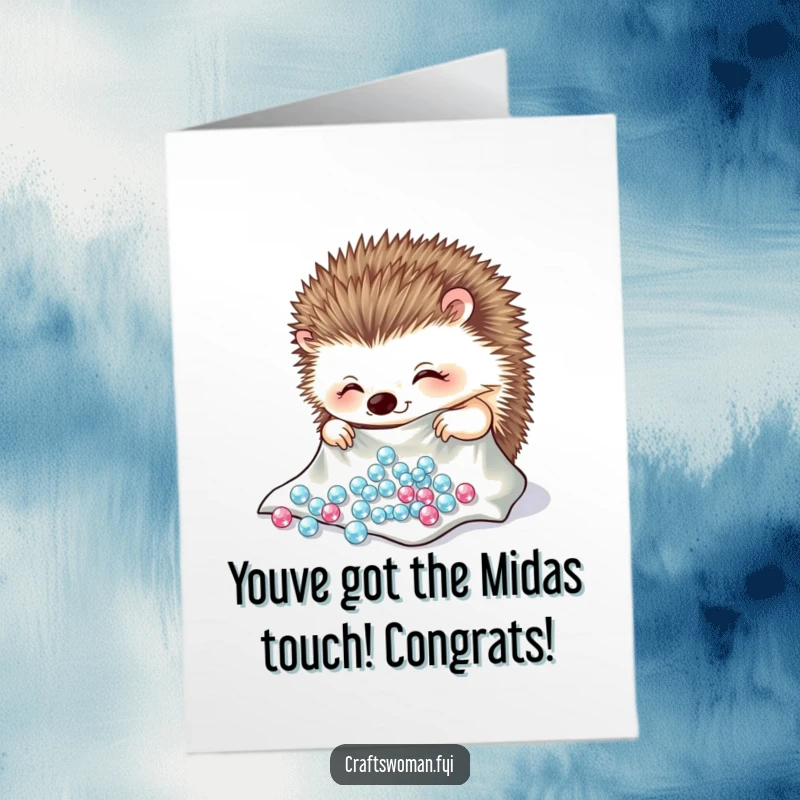Funny Free Printable hedgehog arranging sparkling beads onto cloth, celebrating success with a humorous and glittering touch.
