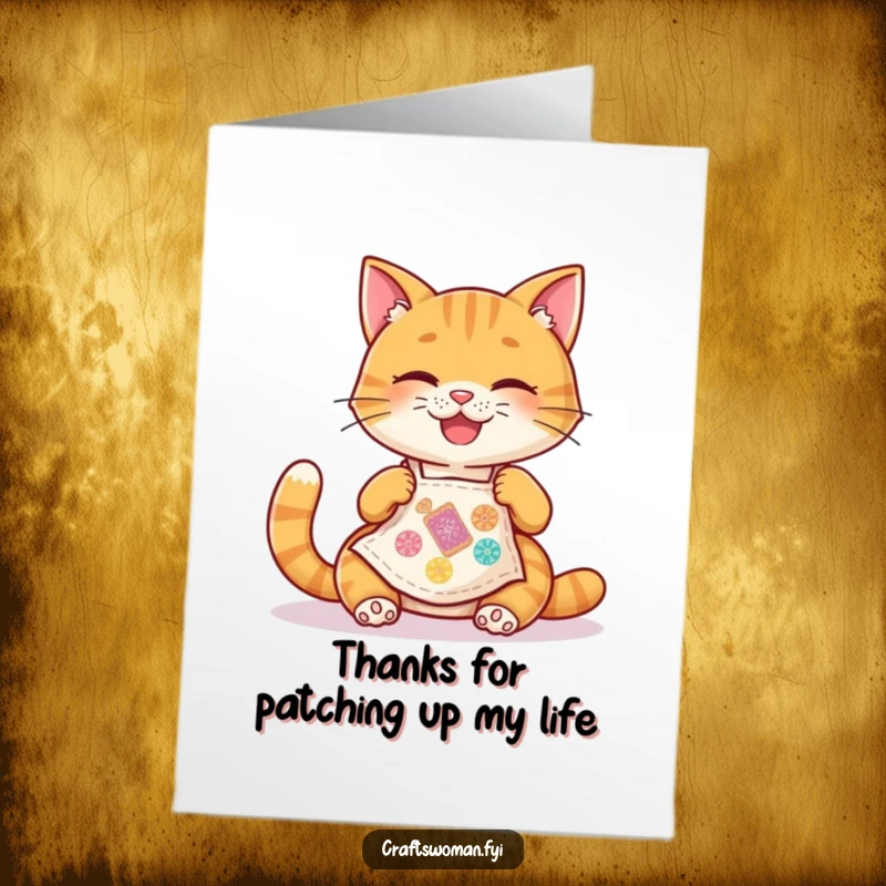 Funny Free Printable Thank You Card: Happy cat wearing apron joyfully stitches a colorful patch, expressing thanks.