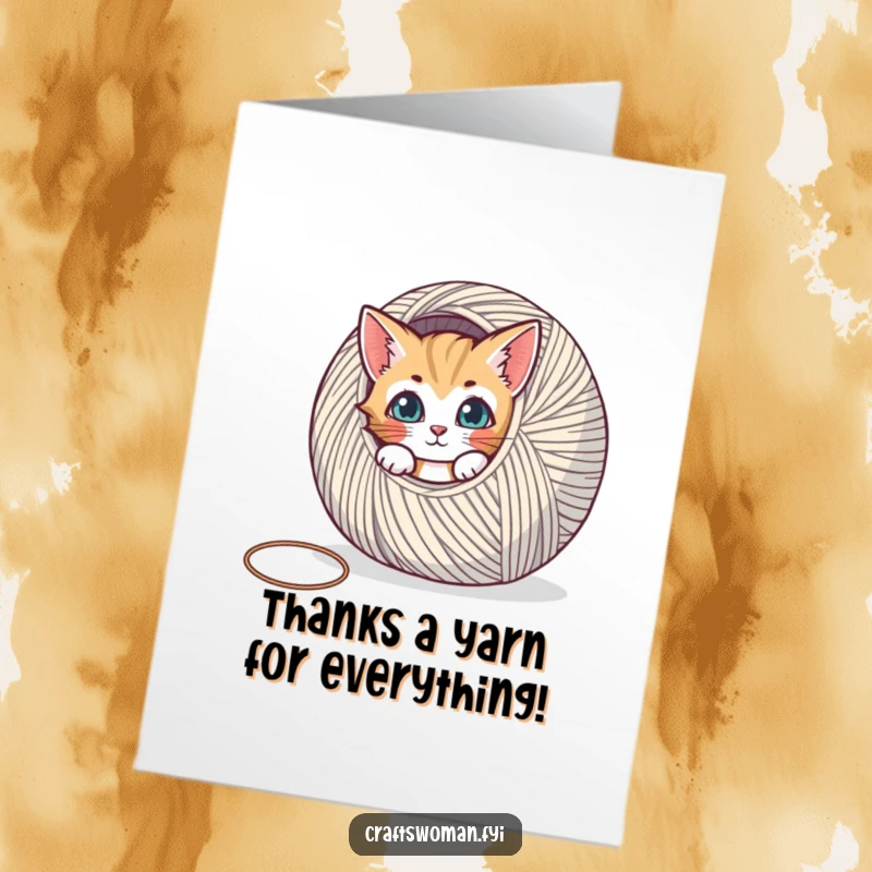 Funny Free Printable Thank You Card: Curious cat peeking from a yarn spool, sending thanks with a twist.