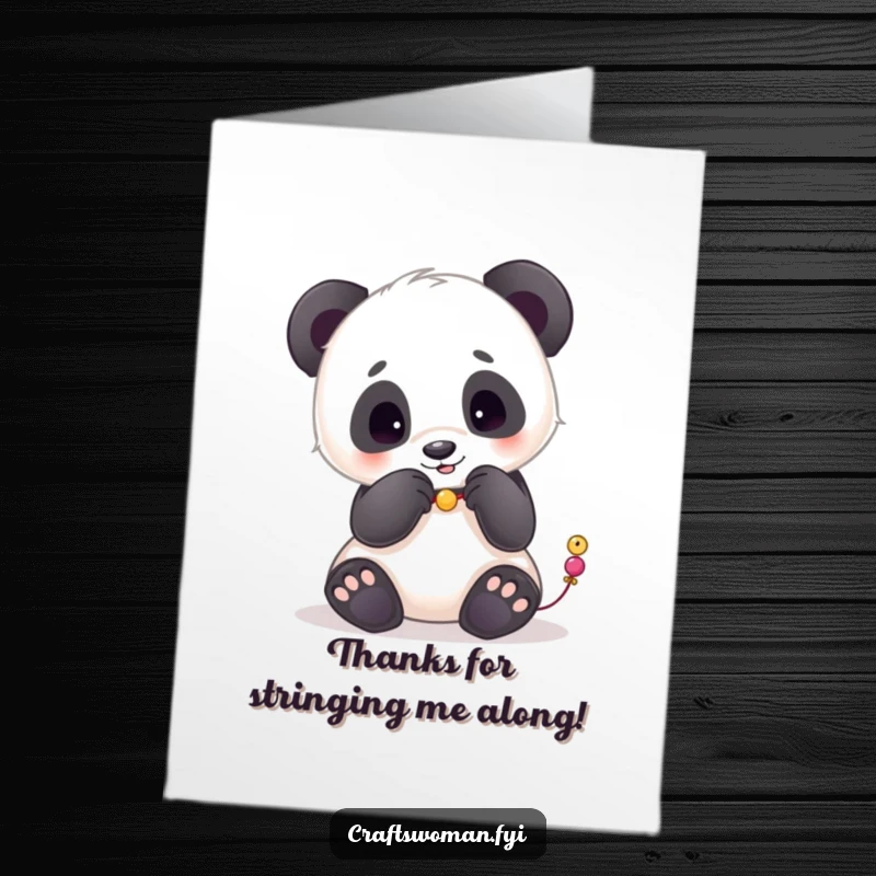 Funny Free Printable Thank You Card: Playful panda gracefully places beads on a string, a gesture of thanks.