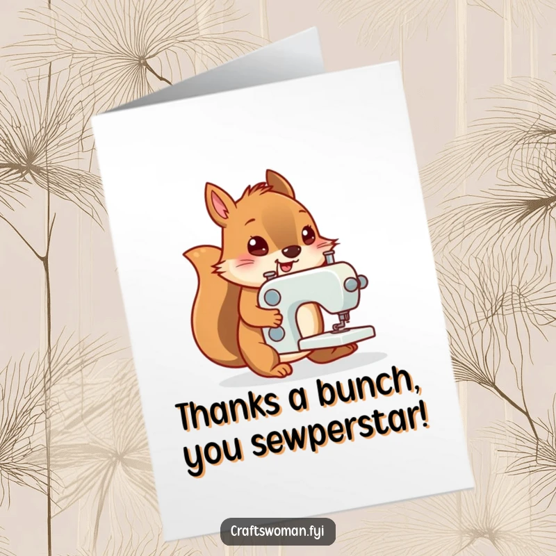 Funny Free Printable Thank You Card: Determined squirrel joyfully pushing a tiny sewing machine, a symbol of effort.