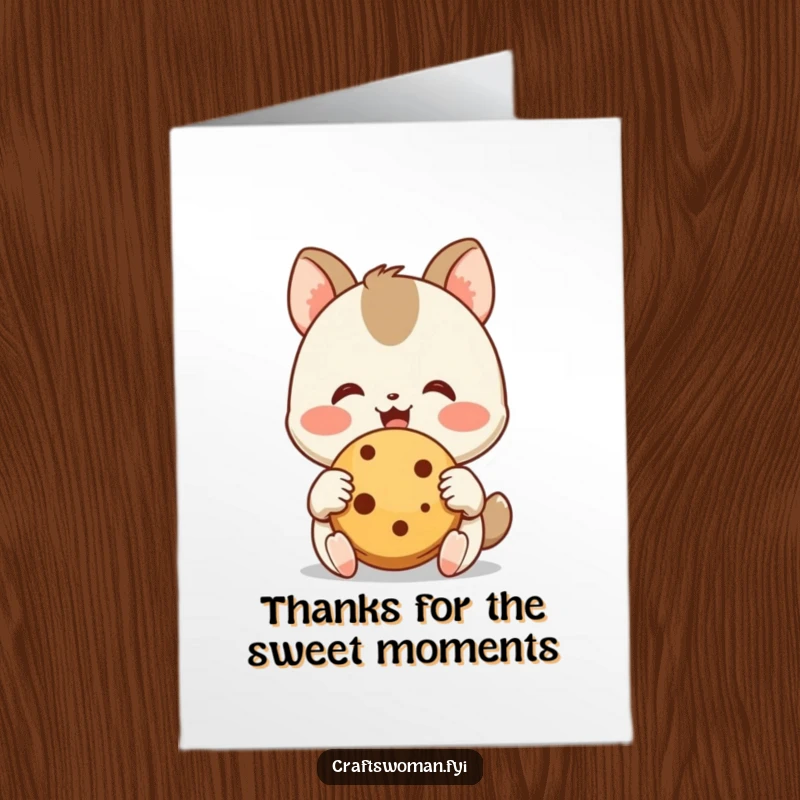 Funny Free Printable Thank You Card: A joyful animal character eagerly admires a freshly baked cookie, holding it with happy little hands, a sweet thank you.