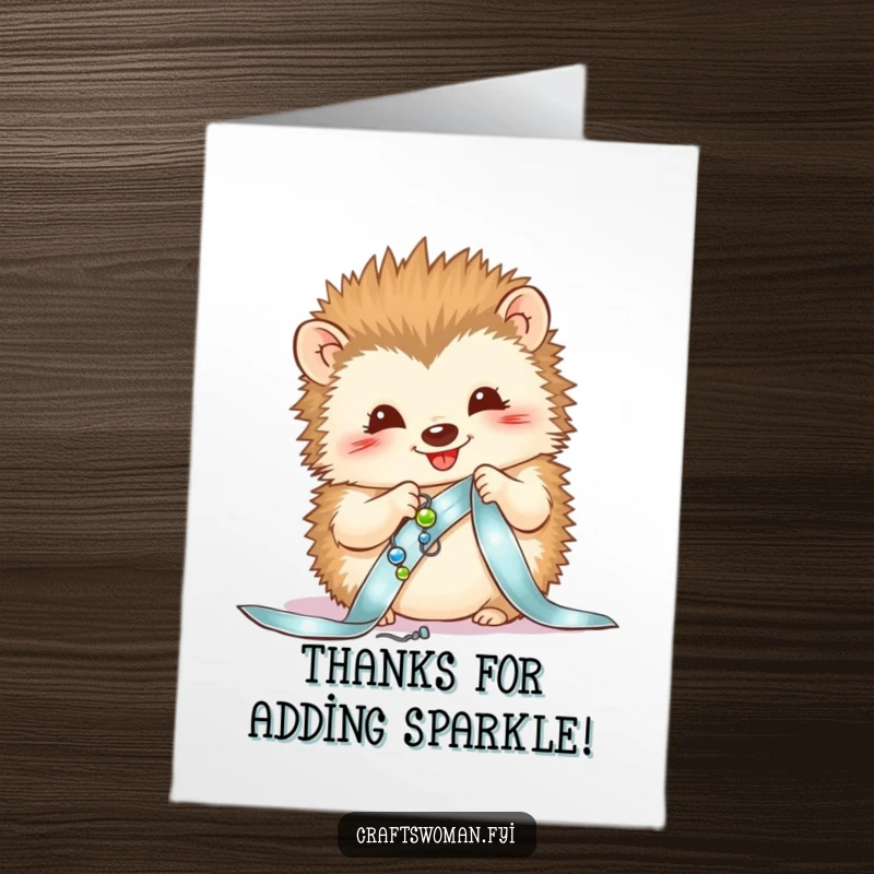 Funny Free Printable Thank You Card: A happy hedgehog carefully attaches shiny beads to a ribbon with precision.