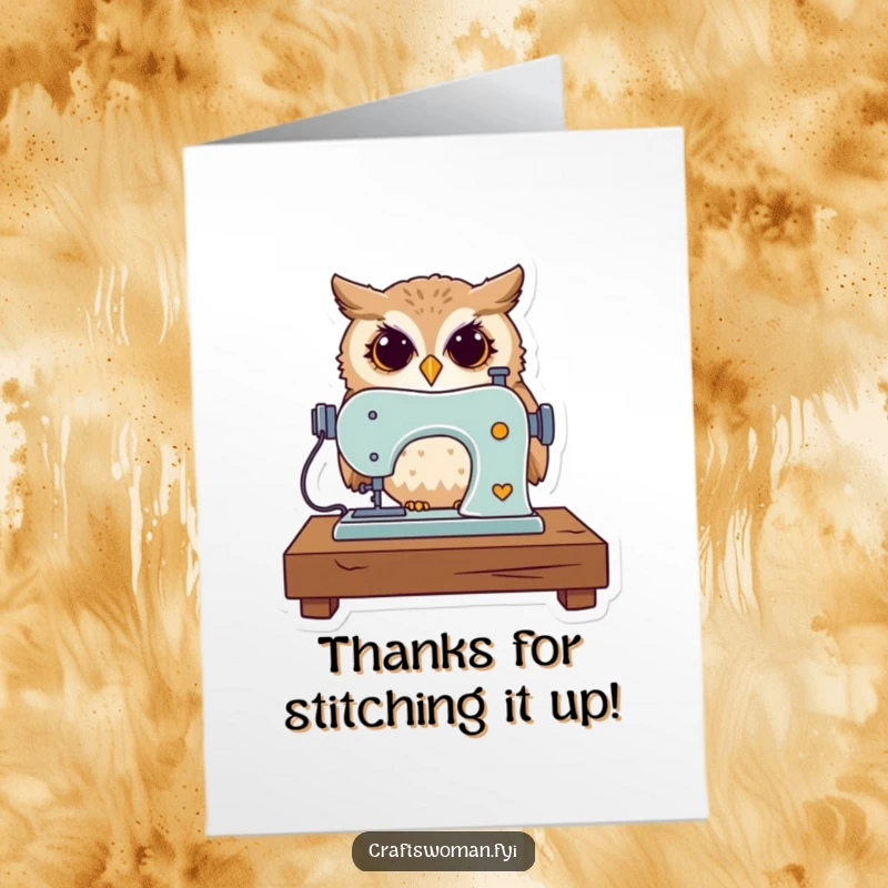 Funny Free Printable Thank You Card: A focused owl meticulously operates a small sewing machine with a thread.