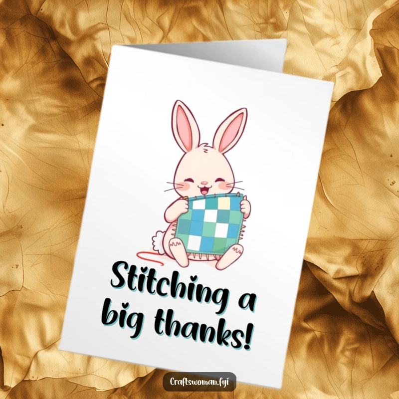 Funny Free Printable Rabbit Thank You Card: A joyful rabbit sewing a tiny quilt, a thoughtful DIY gift.