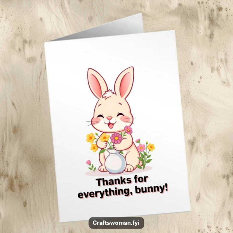 Funny Free Printable Thank You Card: A giggling bunny arranging flowers, a cute and funny way to say thanks, DIY gift.