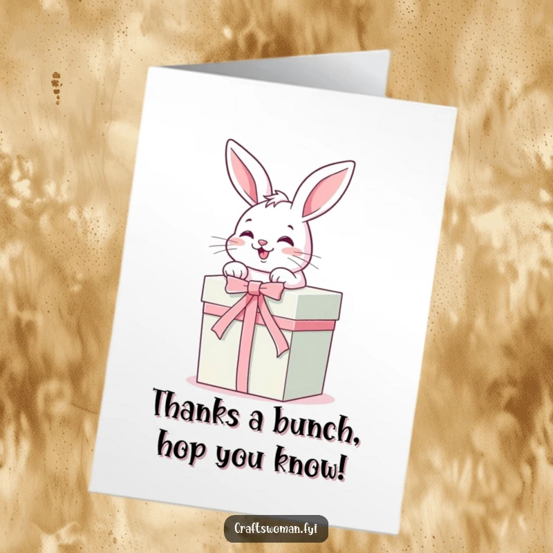 Funny Free Printable Thank You Card: A giggling bunny ties a ribbon around a beautifully wrapped gift box as a thank you gesture.