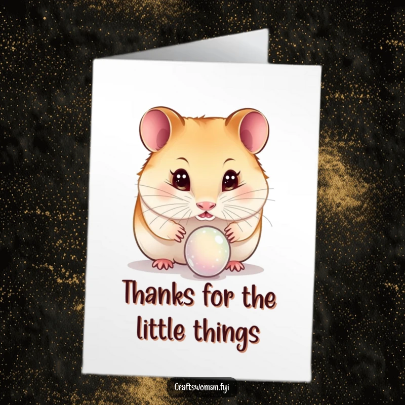Funny Free Printable Thank You Card: A curious hamster inspecting a tiny bead with sparkling, wide eyes, saying thank you.