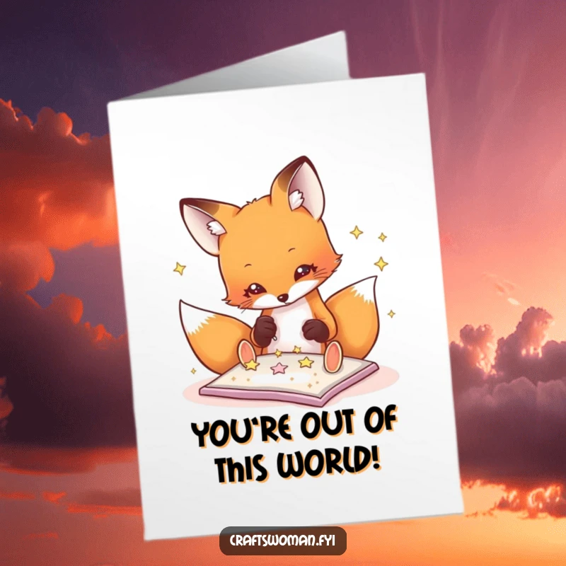 Funny Free Printable Thank You Card: A playful fox gluing glitter stars, a cute and funny way to say thanks, DIY gift.