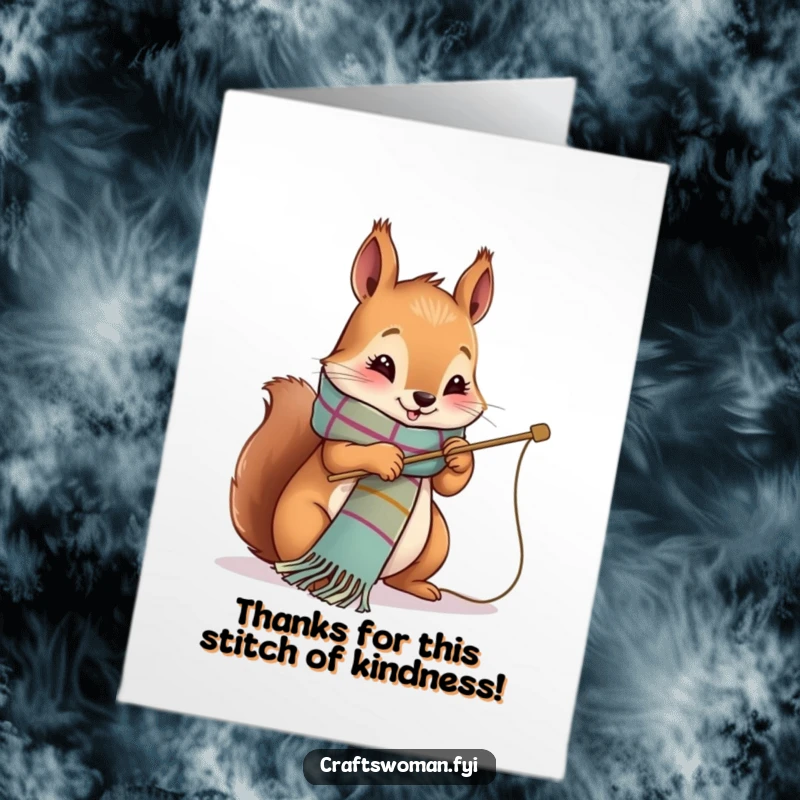 Funny Free Printable Thank You Card: Cute squirrel stitching a scarf, a charming symbol of heartfelt gratitude.