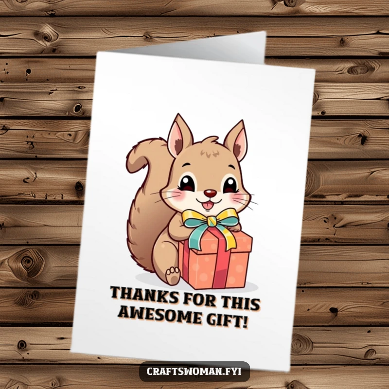 Funny Free Printable Thank You Card: Cute squirrel wrapping a gift, tying up sincere thanks.