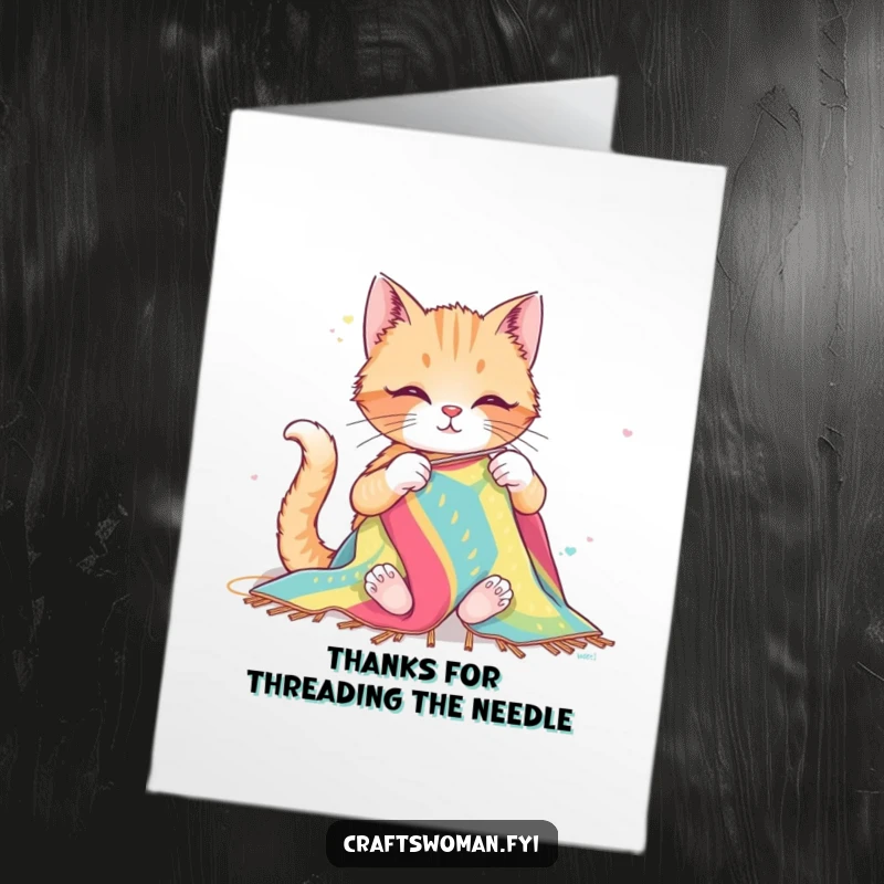 Funny Free Printable Thank You Card: Contented cat happily crafts a large, colorful textile project with big sewing needles.