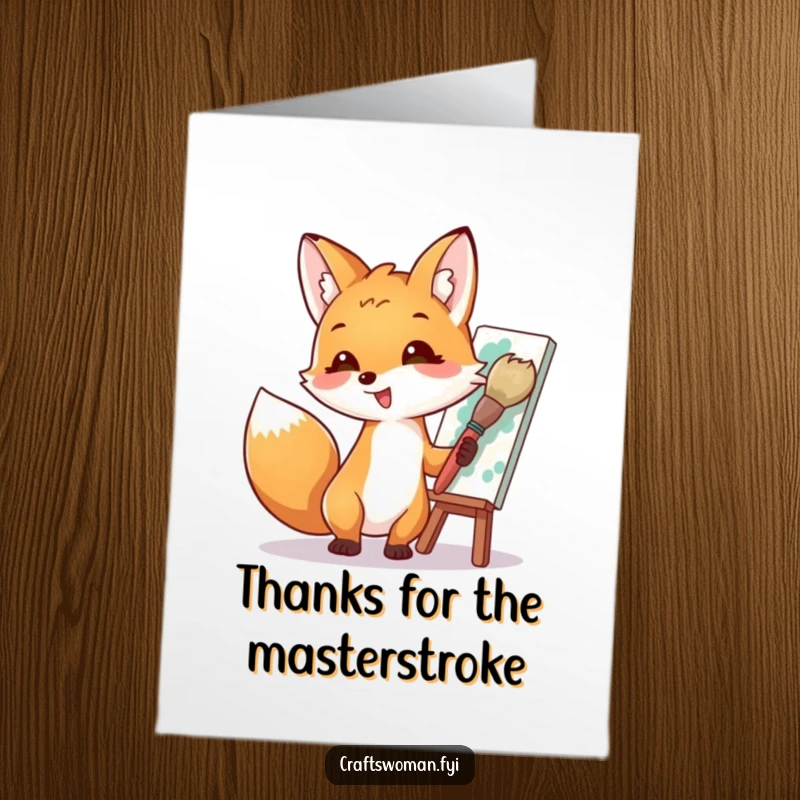 Funny Free Printable Thank You Card: Cheerful fox painter proudly displays their colorful masterpiece, conveying artistic thanks.