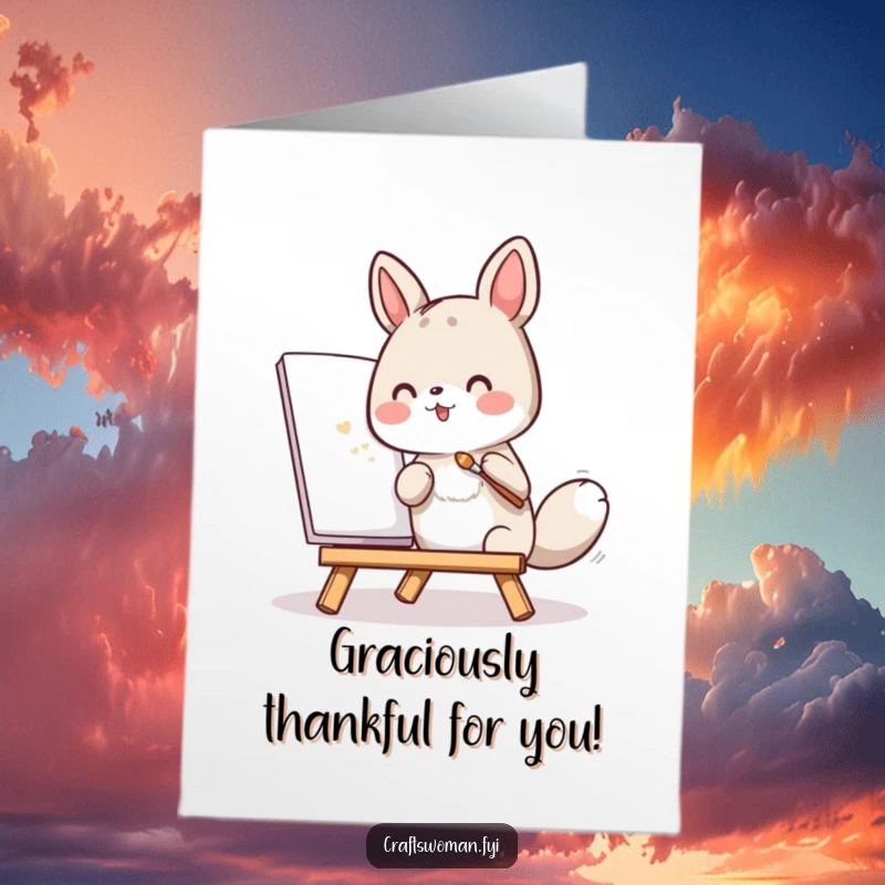 Funny Free Printable Thank You Card: An animal character passionately paints, sending a unique thank you note created with artistic effort.