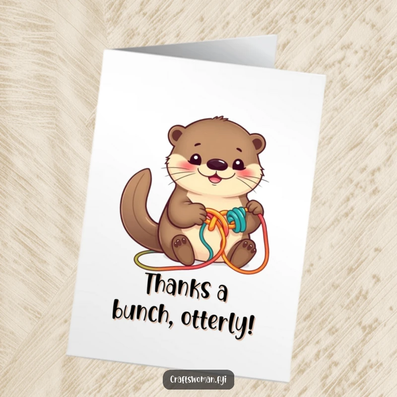 Funny Free Printable Thank You Card: Smiling otter busily knots yarn, offering a heartfelt and humorous expression of gratitude.