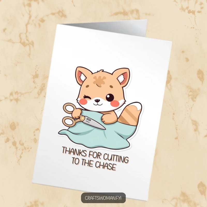 Funny Free Printable Thank You Card: An animal character humorously cuts a piece of material with small, playful scissors.