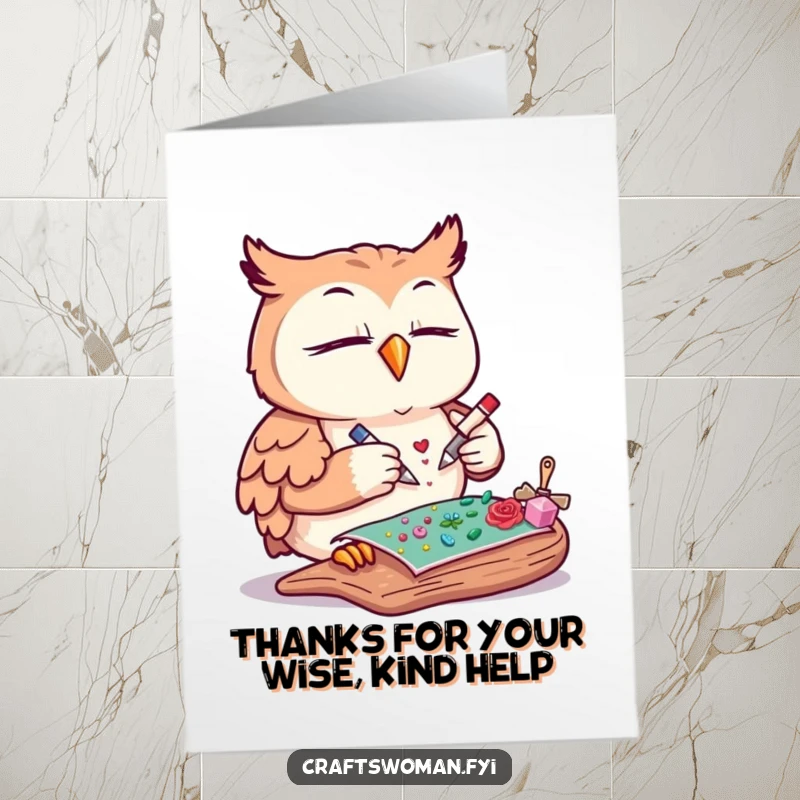 Funny Free Printable Thank You Card: Content owl meticulously gluing decorative elements onto a craft project, expressing thanks.