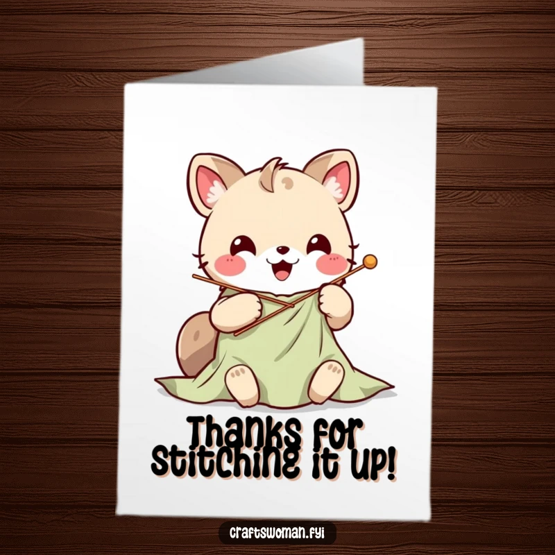 Funny Free Printable Thank You Card with an excited Kawaii animal character sewing a thank you message.