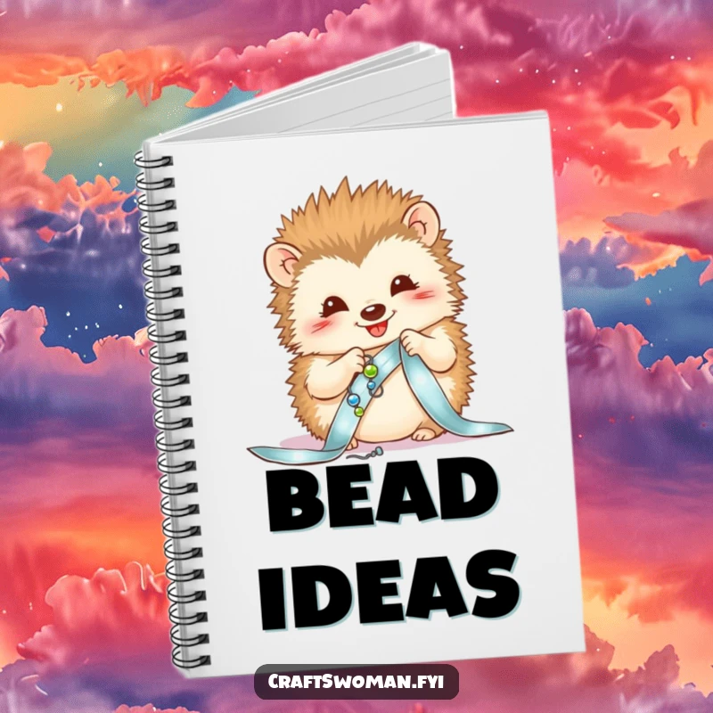 Funny notebook cover with a delighted hedgehog sewing beads onto a ribbon, perfect for design sketches.