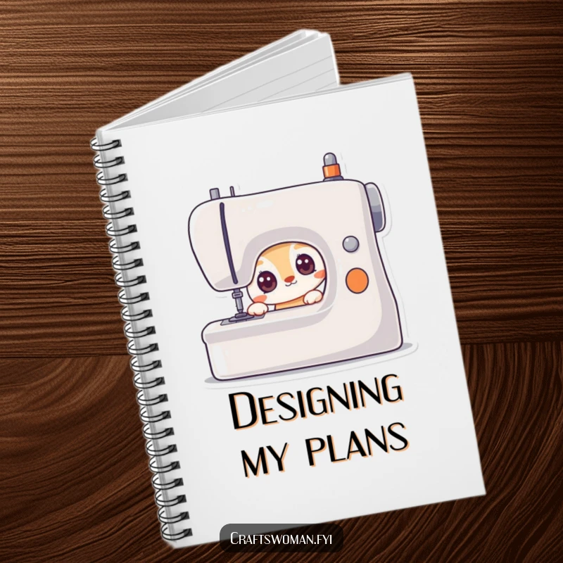 Funny notebook with a curious animal character peering with wide, eager eyes at a sewing machine, ideal for aspiring sewists.