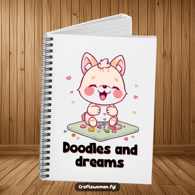 Funny Crafting Ideas Notebook: An animal character gleefully arranges small embellishments on a craft project, perfect for documenting creative endeavors.