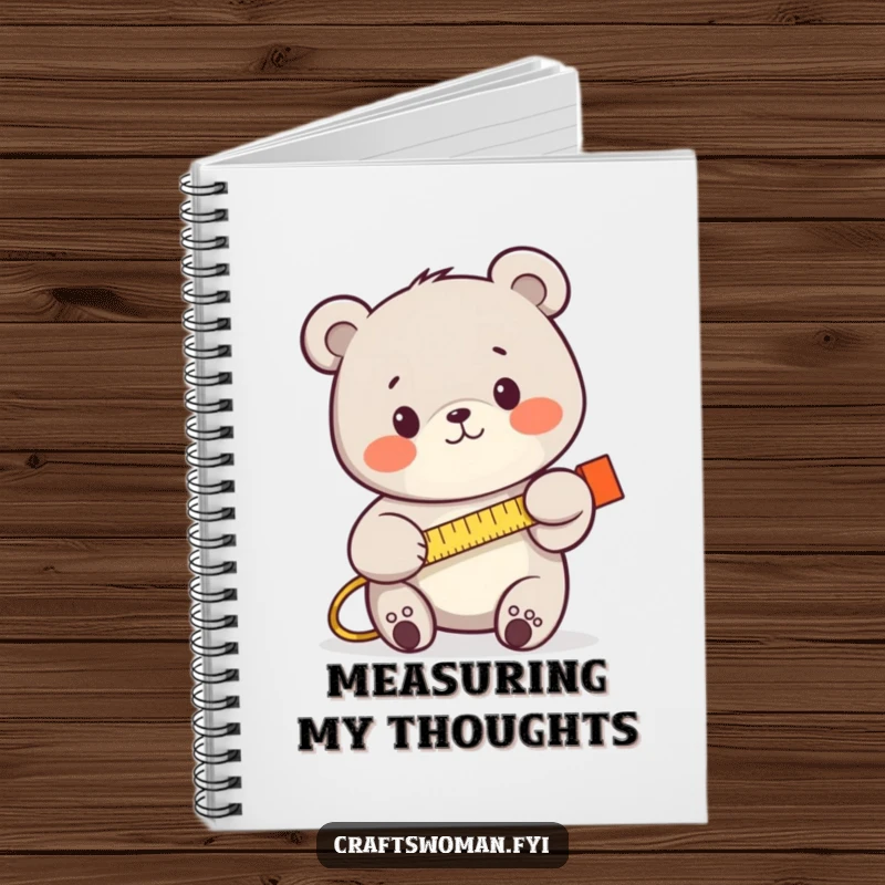 Funny bear with a tape measure, looking focused, on the cover of a notebook, ideal for planning and notes.