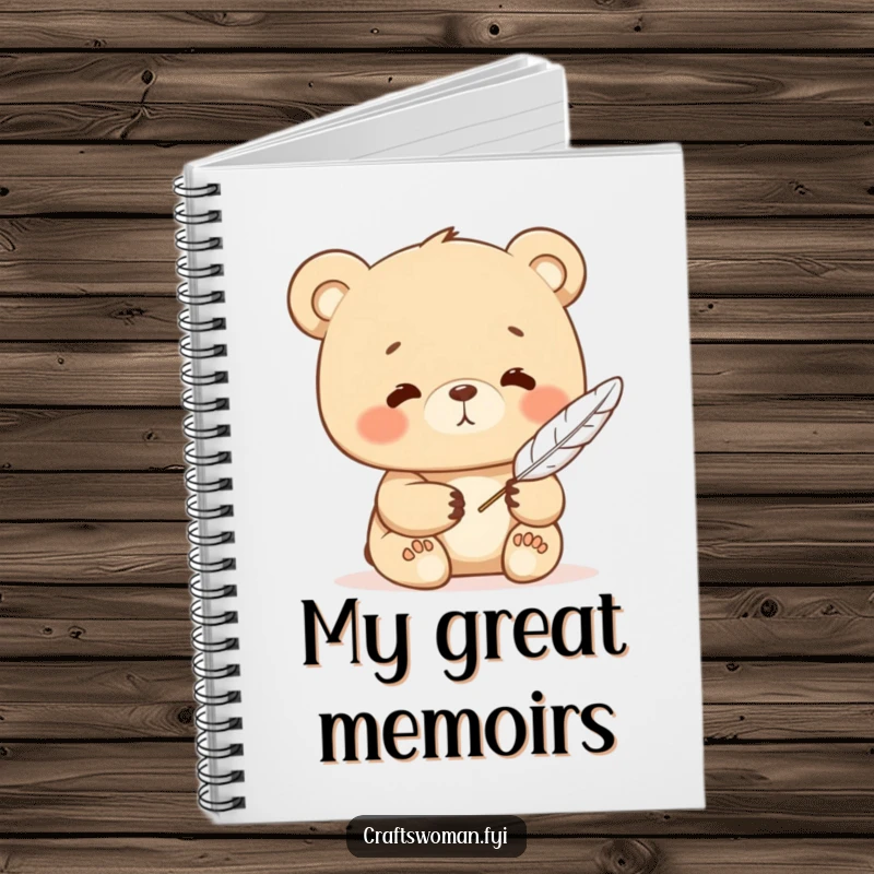 Funny bear notebook featuring a contented character writing with a feather quill, ideal for journaling and creative writing.