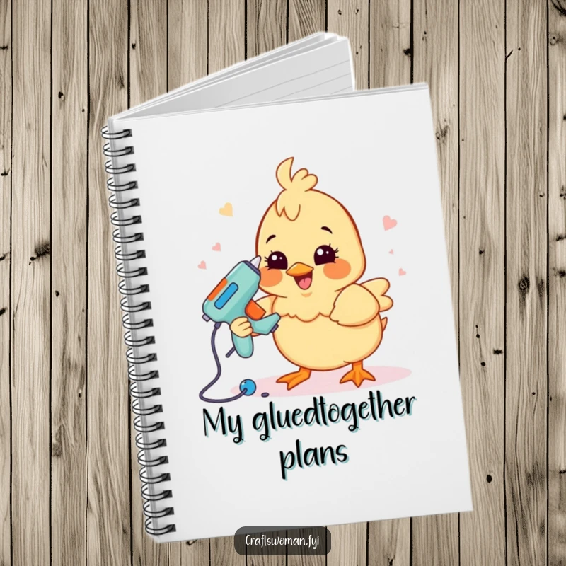 Funny crafting chick notebook with a happy chick using a glue gun to assemble a project, inspiring notes.