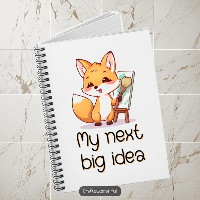 Funny notebook cover showing an enthusiastic fox painting a vibrant masterpiece with a large brush, perfect for jotting down creative and humorous ideas.