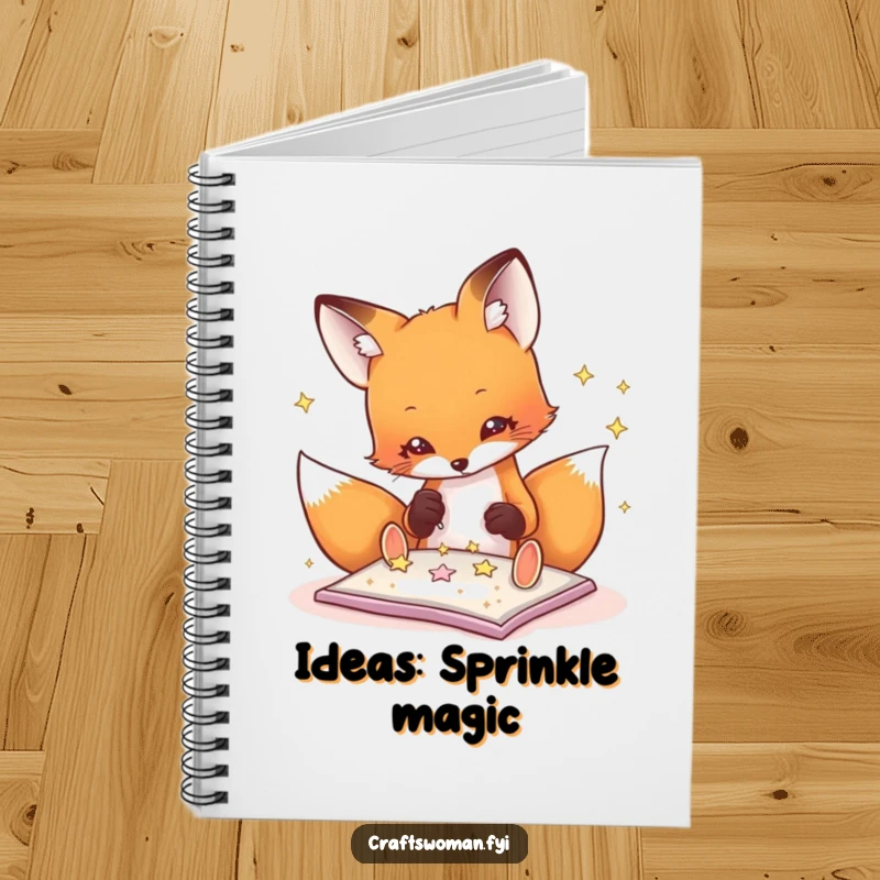 Funny fox notebook cover showing a playful fox carefully gluing glitter stars, perfect for sketching craft ideas.