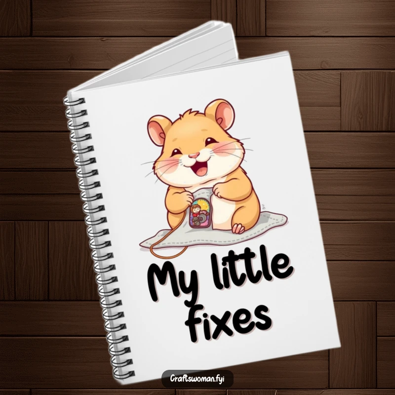 Funny Notebook cover showing a joyful hamster sewing a tiny, colorful patch onto a small garment.