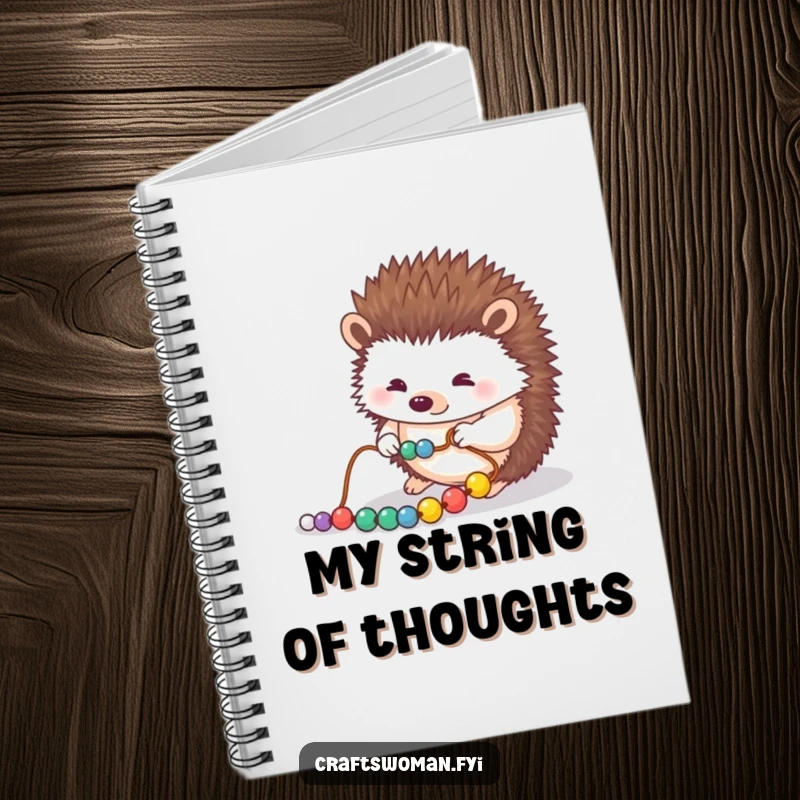 Funny notebook with a focused hedgehog carefully arranging beads onto a string, designed to inspire detailed planning and organized notes.