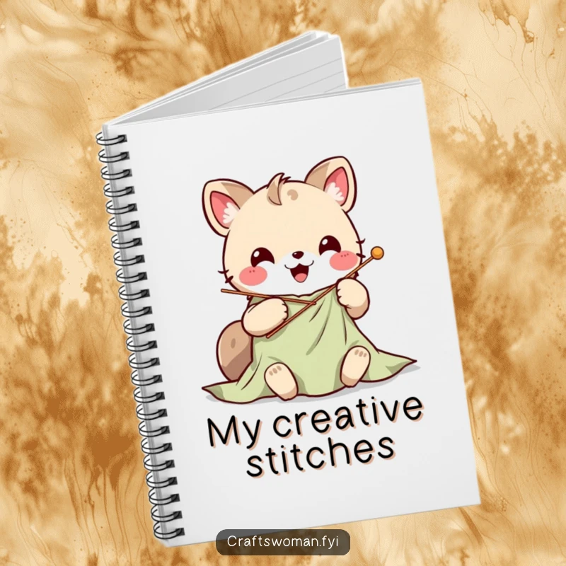 Cute Kawaii animal character stitching vibrant fabric with a large needle, on the cover of a notebook for creative planning.