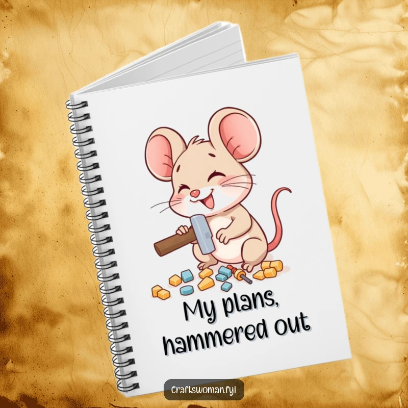 Funny mouse notebook cover showing a delighted mouse character using a miniature hammer to assemble small pieces, perfect for notes.