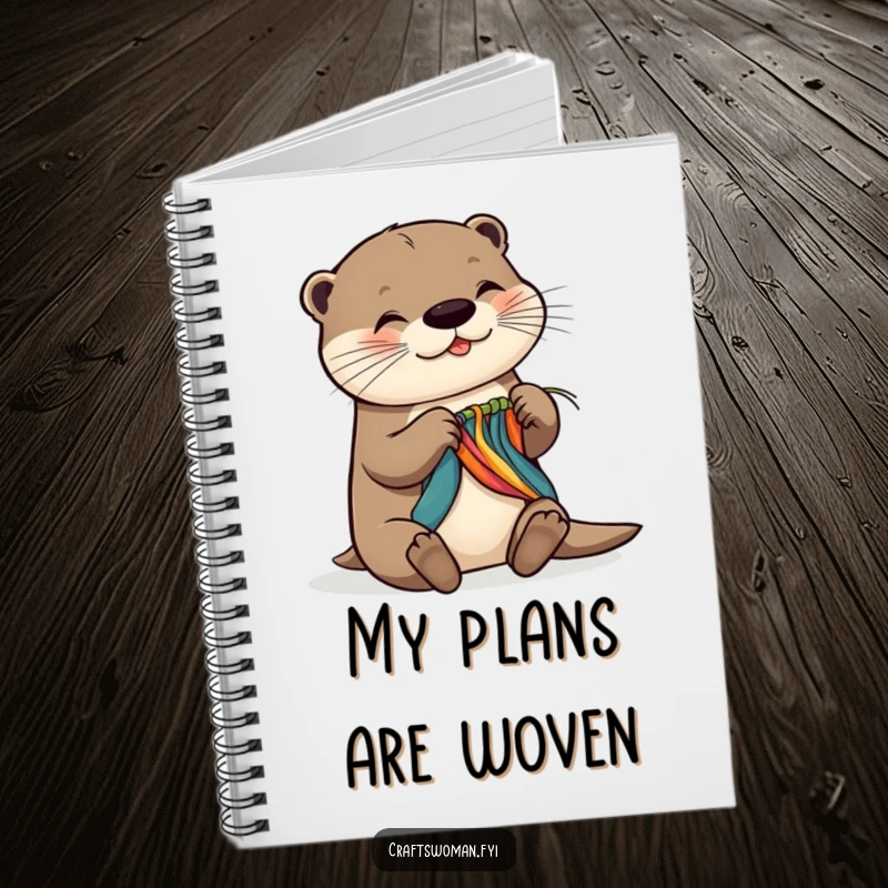 Funny notebook with a happy otter weaving colorful material, designed to inspire creativity and organized note-taking for users.