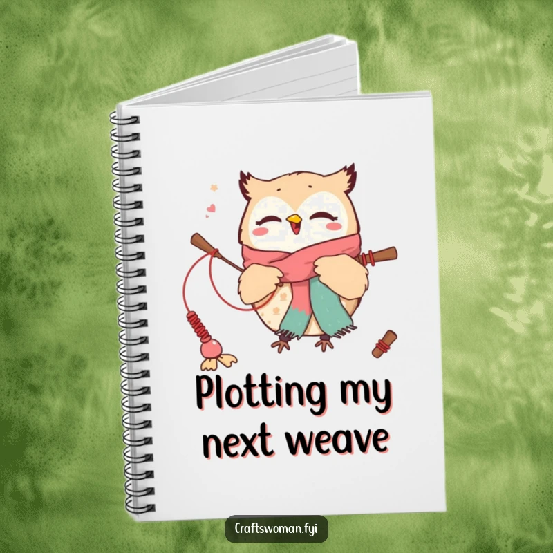 Funny notebook with a cute owl character excitedly weaving a scarf with oversized needles, perfect for jotting down creative thoughts.
