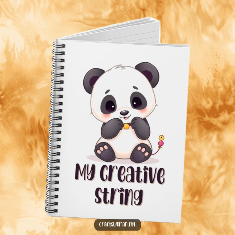 Funny notebook with a playful panda carefully placing beads onto a string with its paws, perfect for design notes.