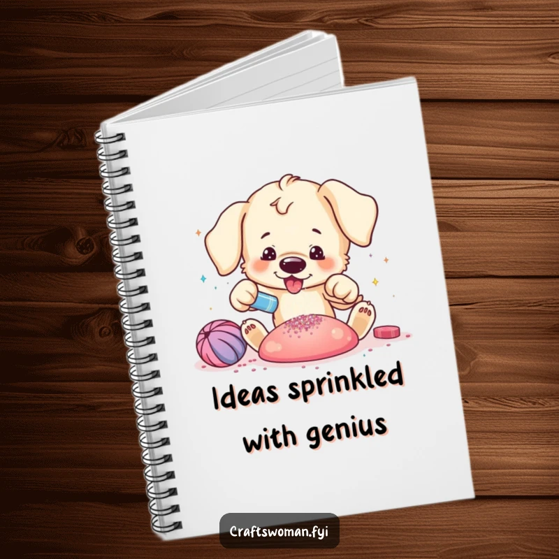 Funny puppy notebook cover showing a playful puppy excitedly adding glitter to a vibrant craft creation, perfect for notes.