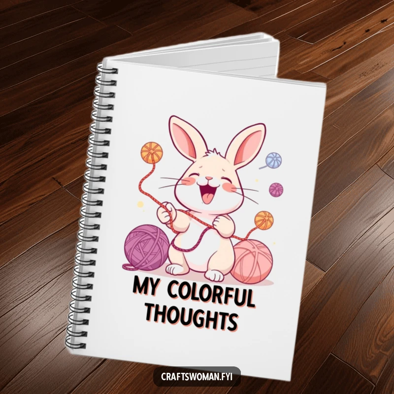 Funny notebook cover displaying a laughing rabbit juggling colorful yarn balls, perfect for planning knitting projects and jotting down creative ideas.