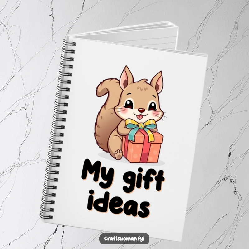 Funny squirrel gift wrapper notebook, a cute squirrel excitedly wrapping a present with colorful ribbon and a bow, ideal for notes and planning.