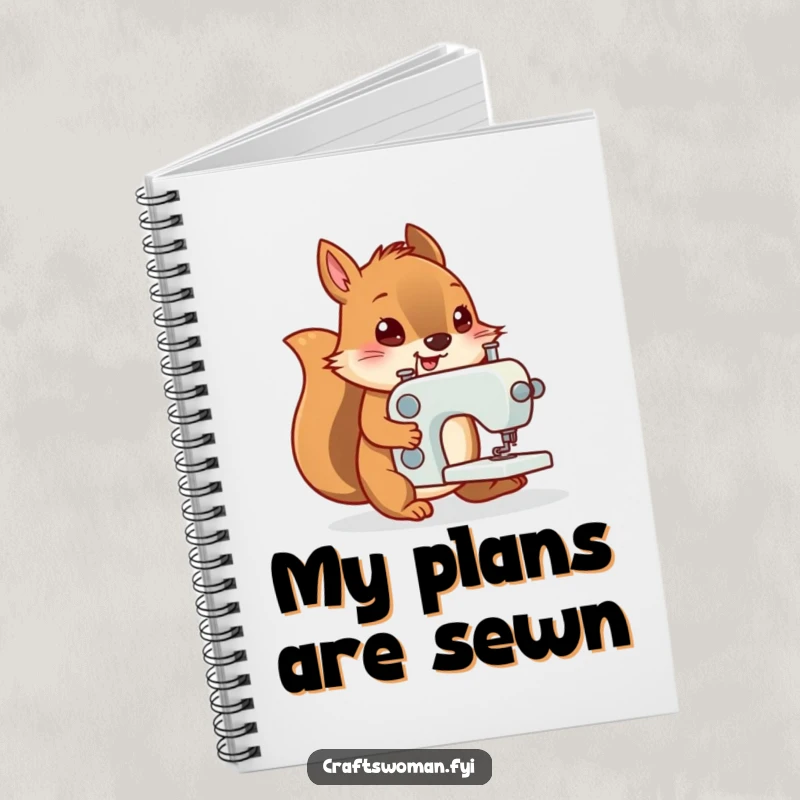 Funny notebook with a determined squirrel pushing a tiny sewing machine, perfect for jotting down sewing ideas.