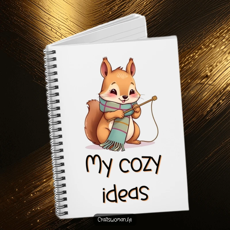 Funny Notebook cover showing a cute squirrel character happily stitching a vibrant scarf with a large needle.