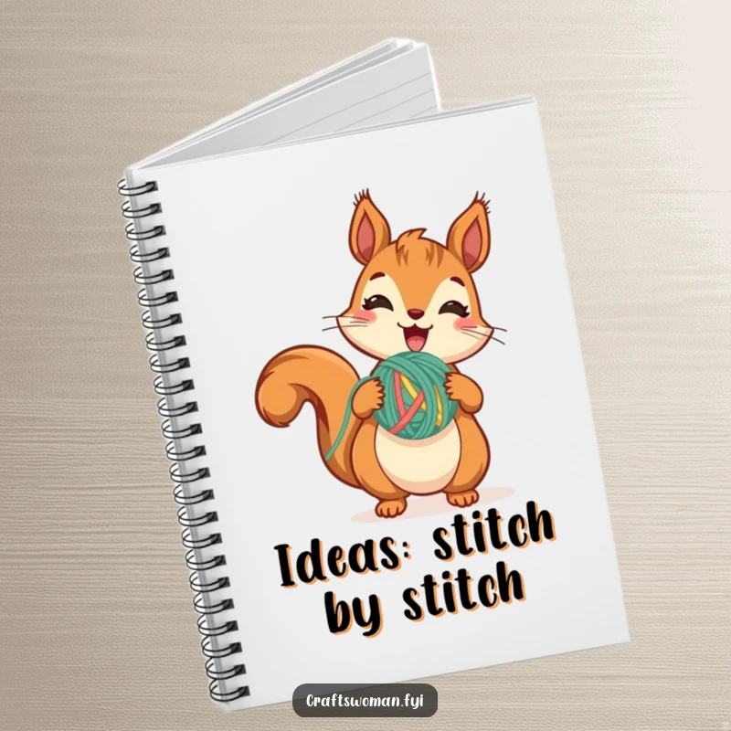 Funny Squirrel Yarn Notebook with a cute squirrel excitedly holding yarn, mid-stitch, ideal for creative note-taking.