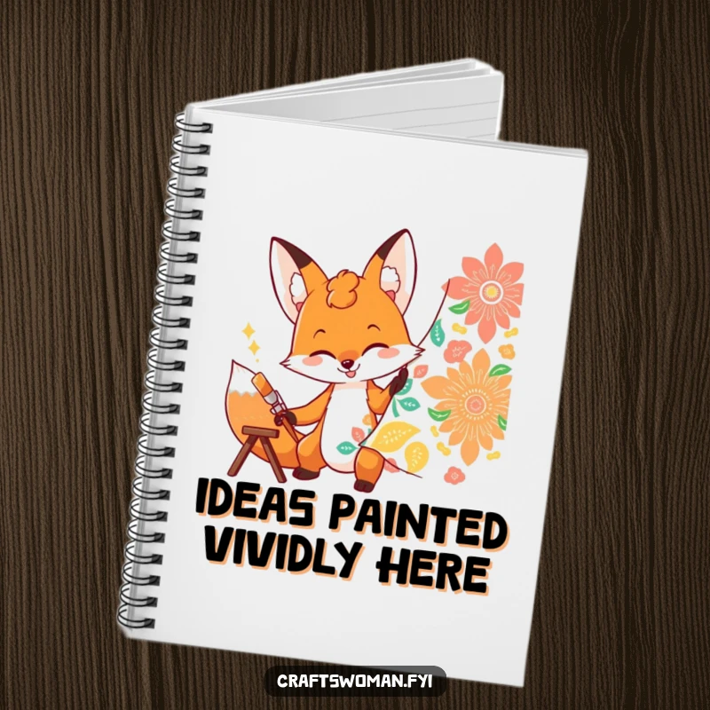 Funny fox notebook with a determined character enthusiastically painting a vibrant pattern onto fabric, great for notes.