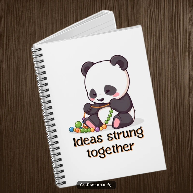 Funny Notebook: Focused panda character meticulously arranging beads on a string, ideal for note-taking.