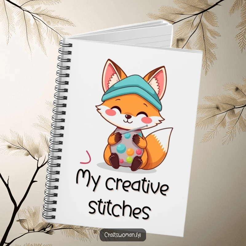 Kawaii Fox Notebook: A cute fox smiles while sewing colorful fabric with a needle, inspiring creative ideas.