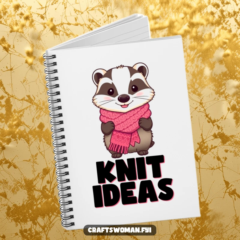 Funny notebook cover with a badger proudly displaying a knitted scarf, perfect for jotting down knitting patterns.