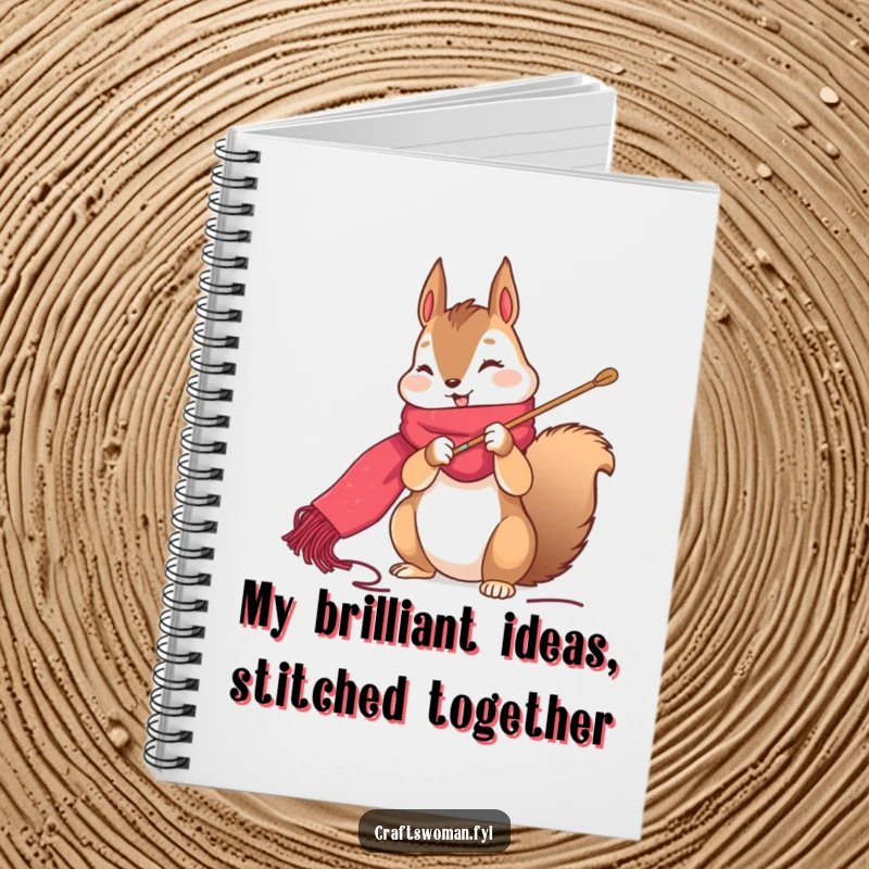 Funny squirrel notebook with a cute character happily stitching a vibrant scarf on a large needle, perfect for notes.