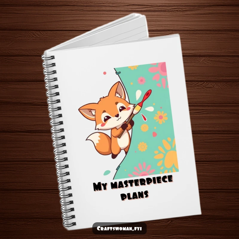 Funny Notebook cover showing a determined fox character enthusiastically painting a vibrant pattern onto fabric.