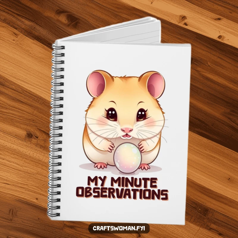 Funny hamster notebook with a curious hamster examining a delicate bead with wide, sparkling eyes, inspiring notes.